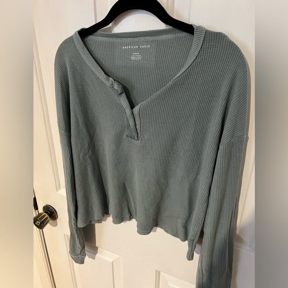 American Eagle Cropped Waffle Knit Henley